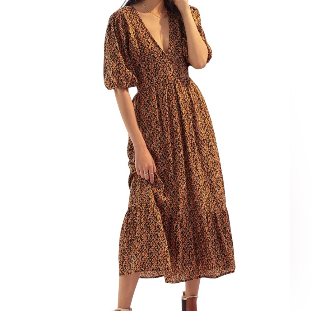 Faithfull The Brand Romilia Floral Puff Sleeve V-Neck Open Back Midi Dress